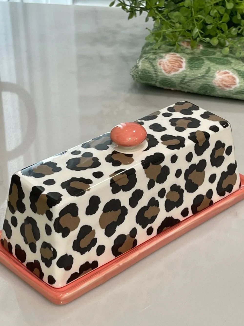 Anthropologie Chintzware Leopard Butter Dish Coral Pink-NEW